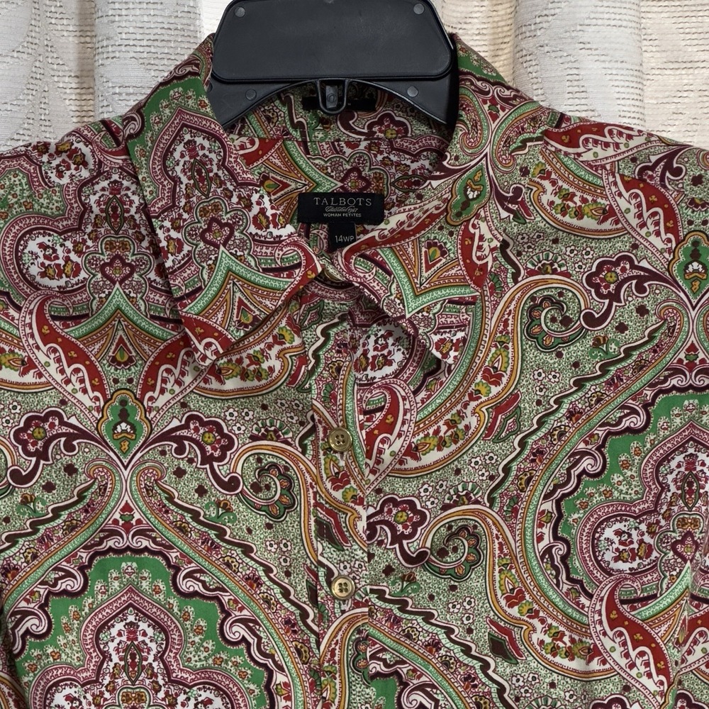 Talbots Petite 14WP Button‎ Up Red Green Paisley Collar Long Sleeve Gold Buttons